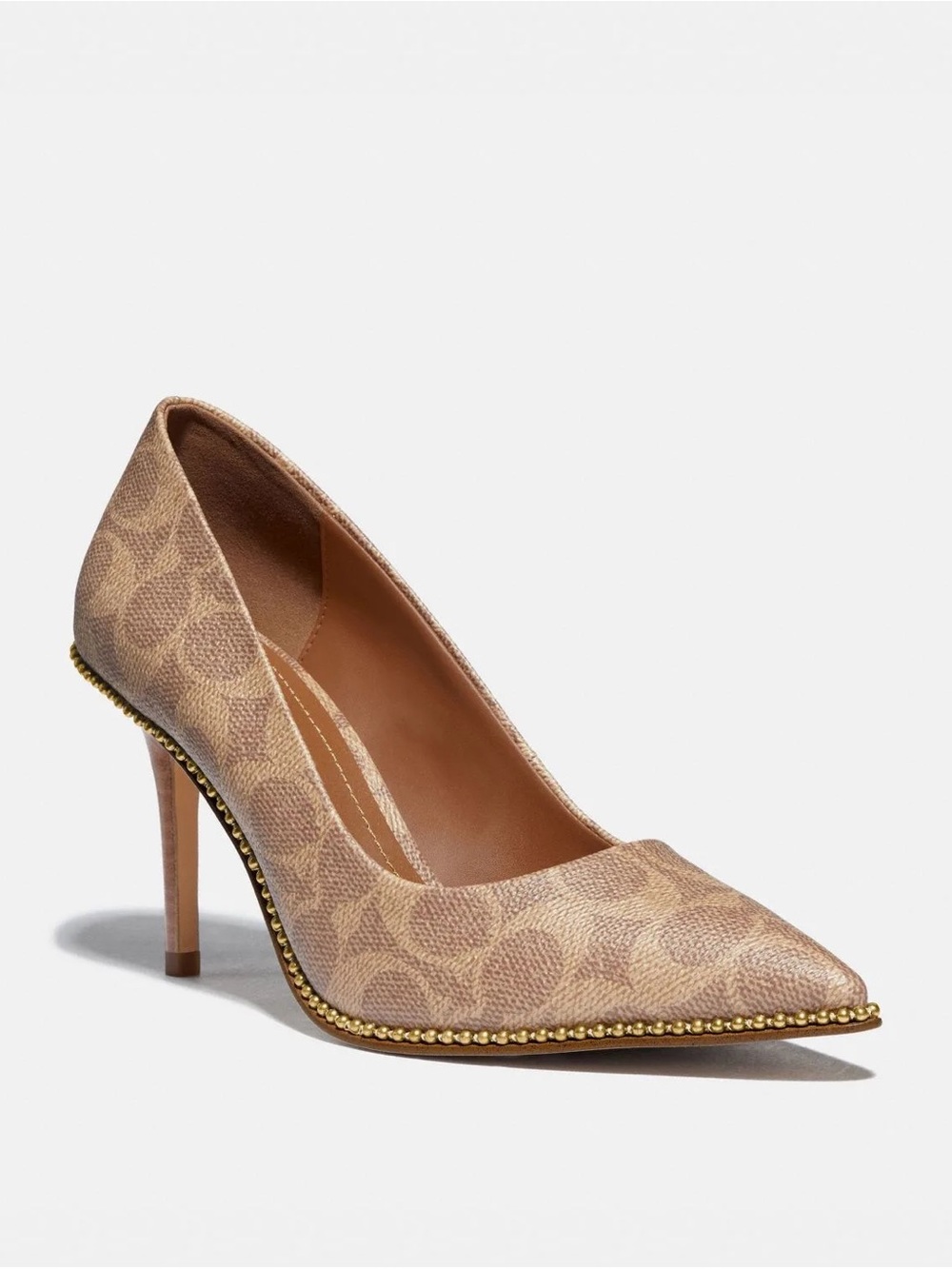 Coach Tan Signature Logo Pointed-Toe Pumps with Gold Trim
